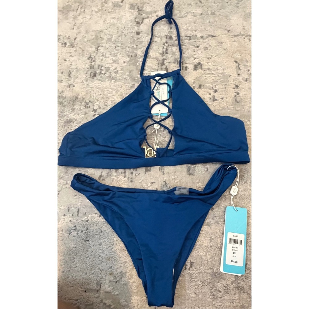 Beach Bunny Swimwear Basic Skimpy Bikini Set Royal Blue High Neck Lace Up XL